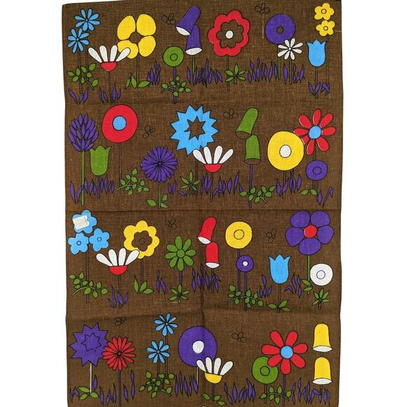 Vintage 1970's Mod Mushrooms Flowers ROYAL TERRY Cotton Kitchen Tea Towel Brazil - Picture 1 of 8